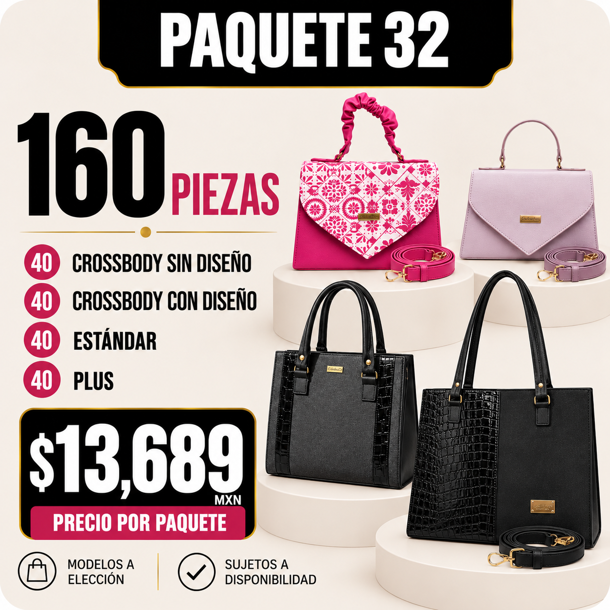 Paquete 32 de bolsos al mayoreo - 160 piezas