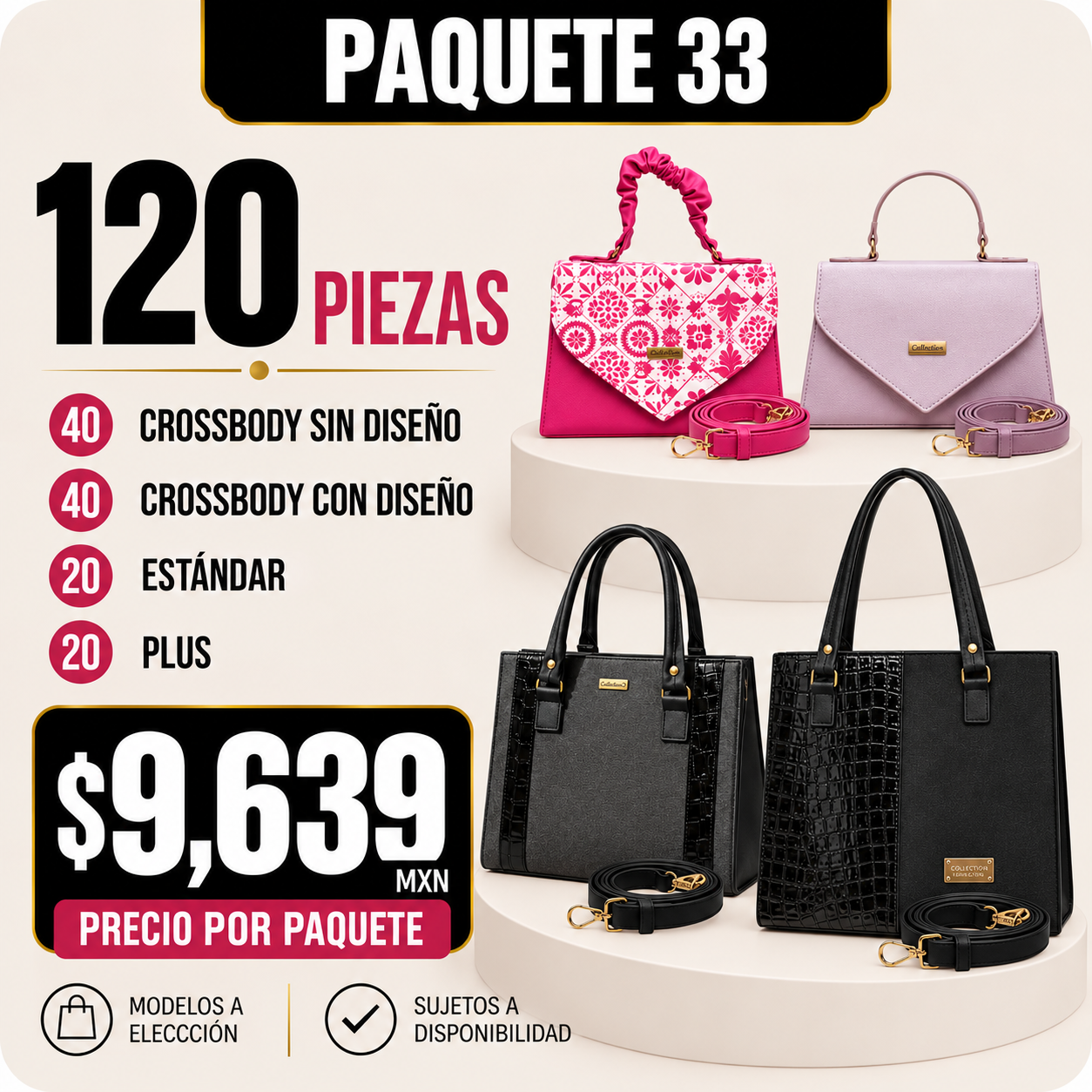 Paquete 33 de bolsos al mayoreo - 120 piezas