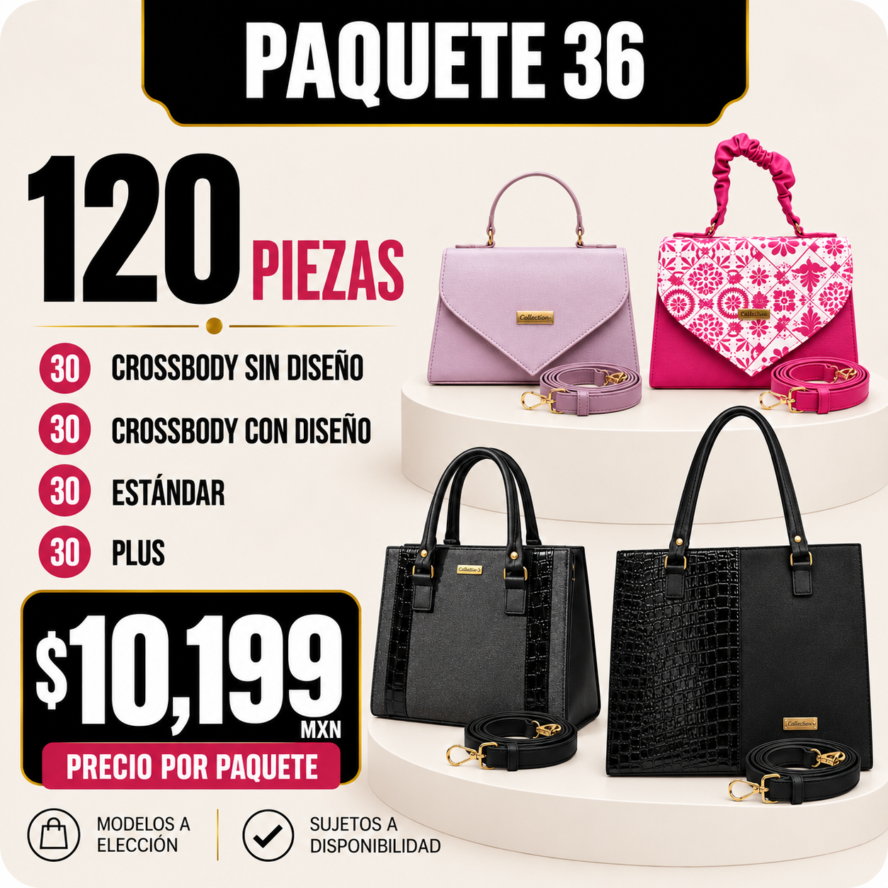 Paquete 36 de bolsos al mayoreo - 120 piezas