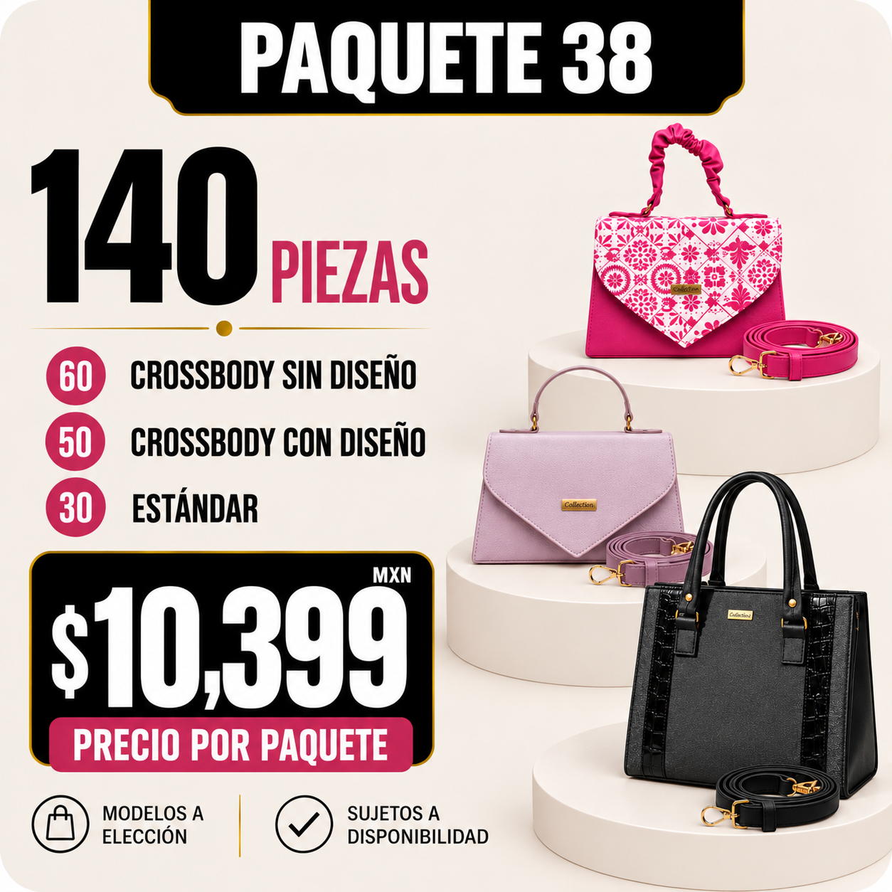 Paquete 38 de bolsos al mayoreo - 140 piezas