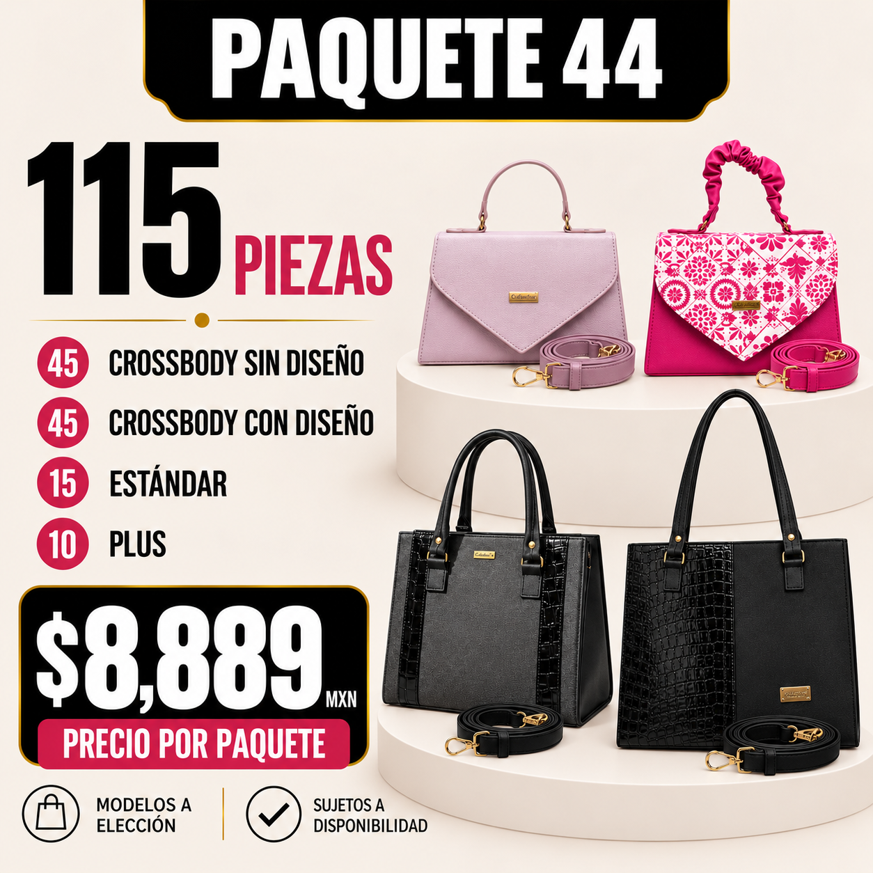 Paquete 44 de bolsos al mayoreo - 115 piezas