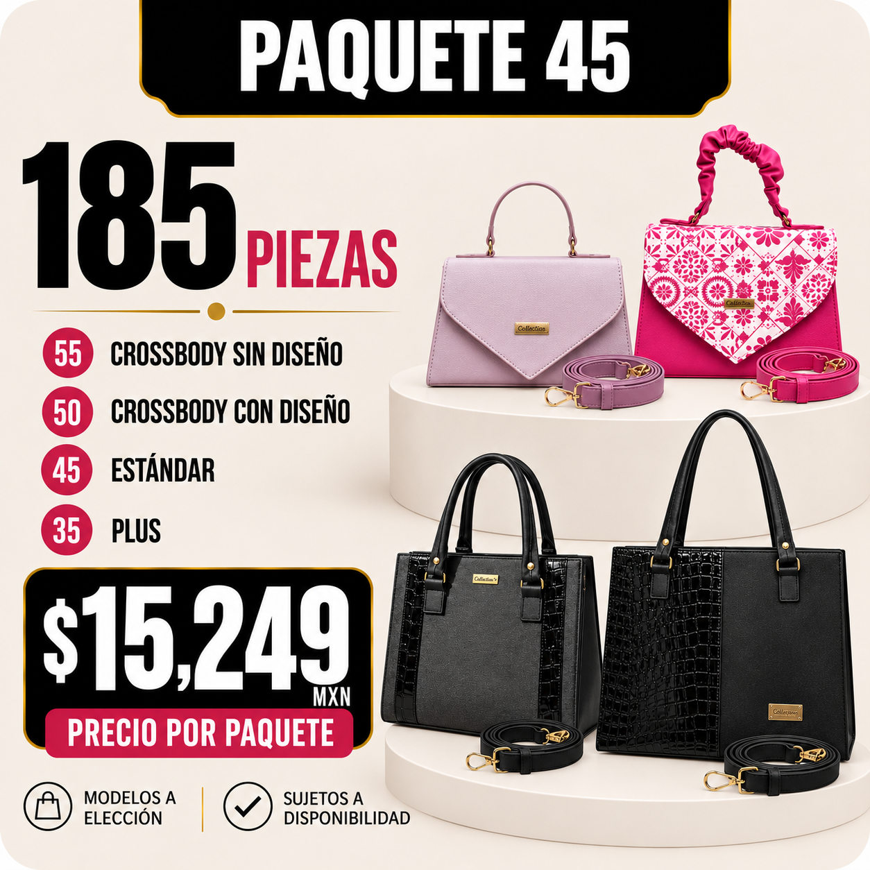 Paquete 45 de bolsos al mayoreo - 185 piezas