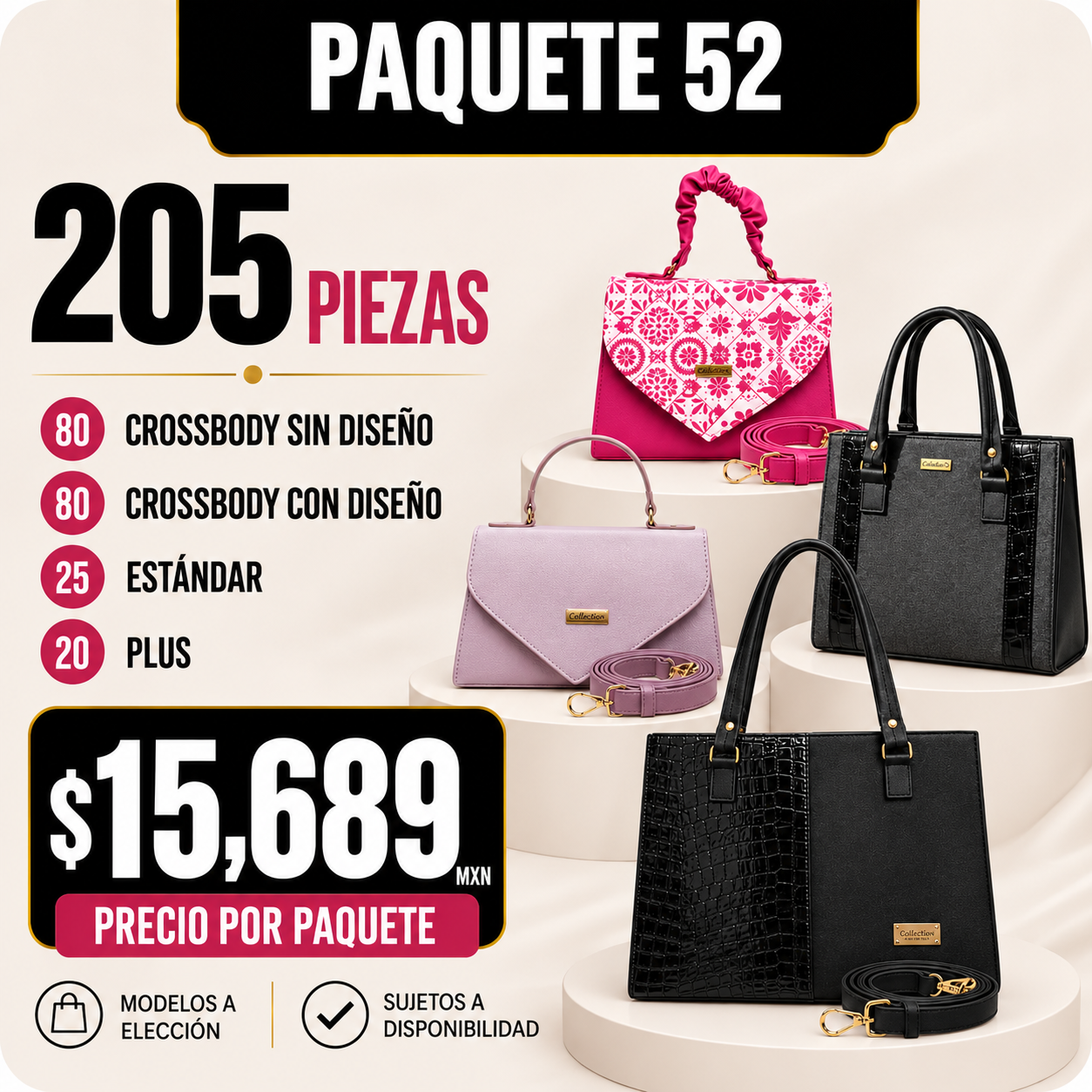 Paquete 52 de bolsos al mayoreo - 205 piezas