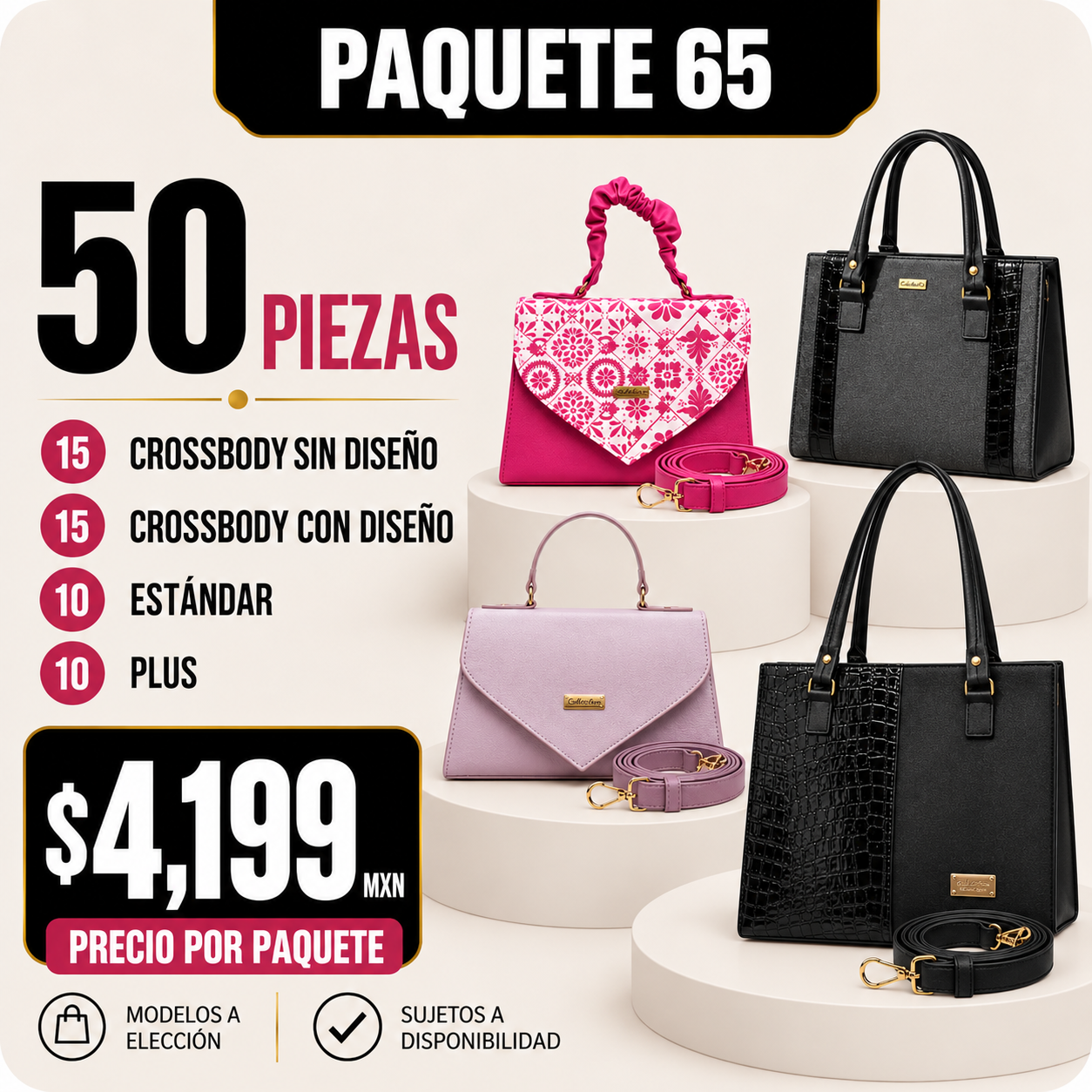 Paquete 65 de bolsos al mayoreo - 50 piezas